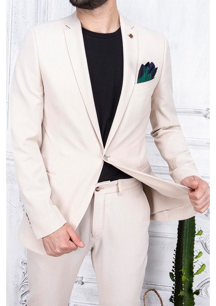 Erkek Slim Fit Mono Yaka Astarsız Bej Takım Elbise
