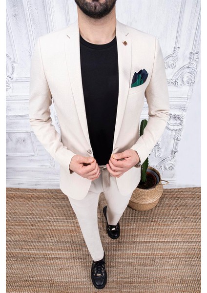 Erkek Slim Fit Mono Yaka Astarsız Bej Takım Elbise