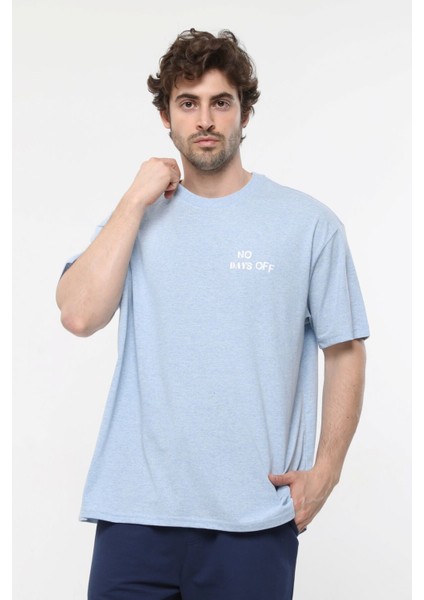 Erkek Kısa Kollu Baskılı Oversıze Kalıp Bisiklet Yaka Tişört Mavi Melanj fırsatları