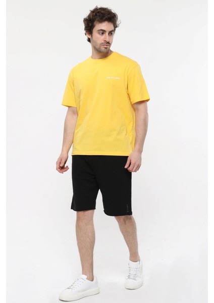 Erkek Kısa Kollu Baskılı Oversıze Kalıp Bisiklet Yaka Tişört Sarı
