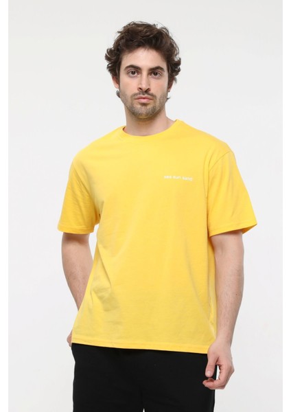 Erkek Kısa Kollu Baskılı Oversıze Kalıp Bisiklet Yaka Tişört Sarı fiyatları
