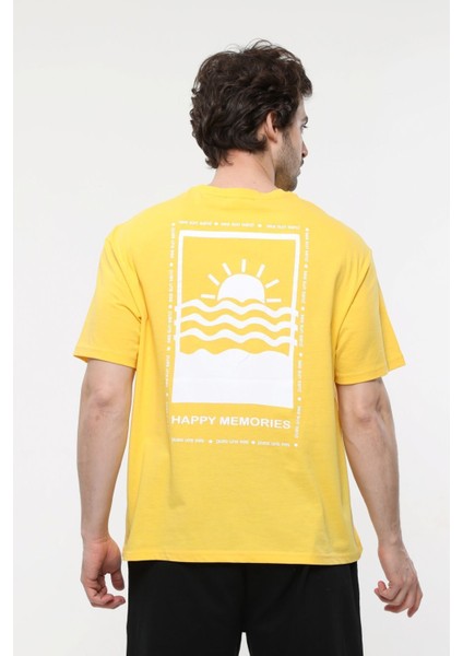 Erkek Kısa Kollu Baskılı Oversıze Kalıp Bisiklet Yaka Tişört Sarı modelleri