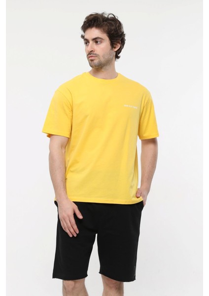 Erkek Kısa Kollu Baskılı Oversıze Kalıp Bisiklet Yaka Tişört Sarı fırsatları