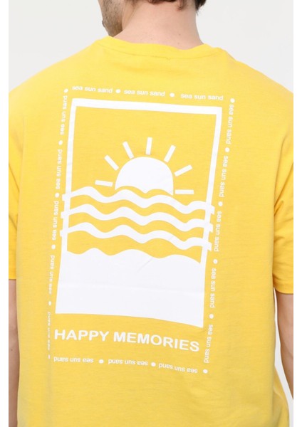 Erkek Kısa Kollu Baskılı Oversıze Kalıp Bisiklet Yaka Tişört Sarı indirimleri