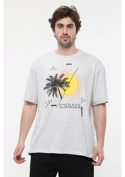 Erkek Kısa Kollu Baskılı Oversıze Kalıp Bisiklet Yaka Tişört Kar Melanj