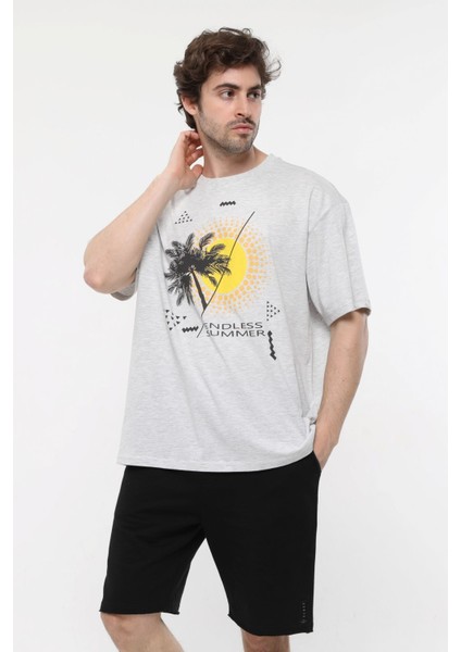 Erkek Kısa Kollu Baskılı Oversıze Kalıp Bisiklet Yaka Tişört Kar Melanj fiyatları