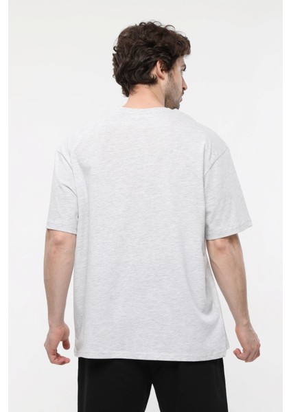 Erkek Kısa Kollu Baskılı Oversıze Kalıp Bisiklet Yaka Tişört Kar Melanj fırsatları