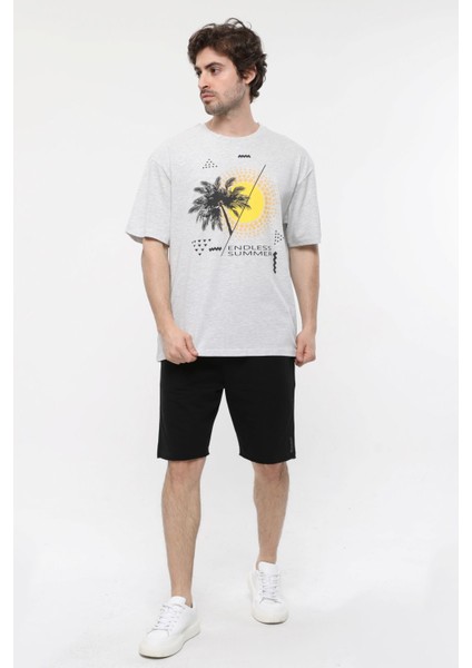 Erkek Kısa Kollu Baskılı Oversıze Kalıp Bisiklet Yaka Tişört Kar Melanj indirimleri