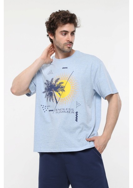 Erkek Kısa Kollu Baskılı Oversıze Kalıp Bisiklet Yaka Tişört Mavi Melanj fiyatları