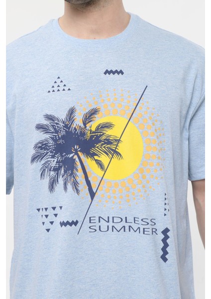 Erkek Kısa Kollu Baskılı Oversıze Kalıp Bisiklet Yaka Tişört Mavi Melanj modelleri