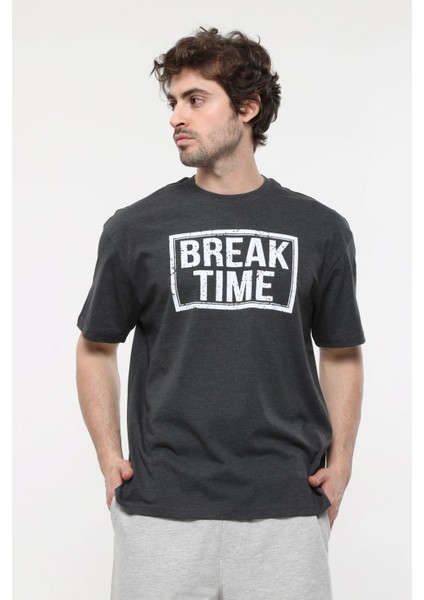 Erkek Baskılı Kısa Kollu Oversıze Kalıp Bisiklet Yaka Tişört Antrasit Melanj