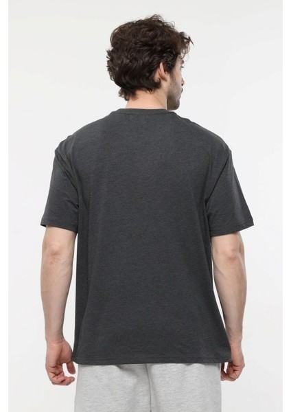 Erkek Baskılı Kısa Kollu Oversıze Kalıp Bisiklet Yaka Tişört Antrasit Melanj fırsatları