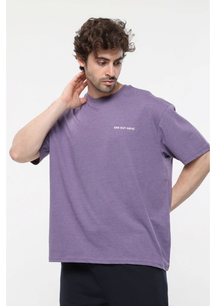 Erkek Kısa Kollu Baskılı Oversıze Kalıp Bisiklet Yaka Tişört Mor