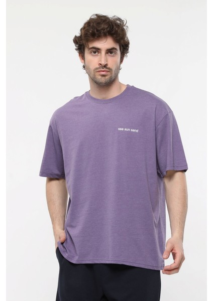 Erkek Kısa Kollu Baskılı Oversıze Kalıp Bisiklet Yaka Tişört Mor fiyatları