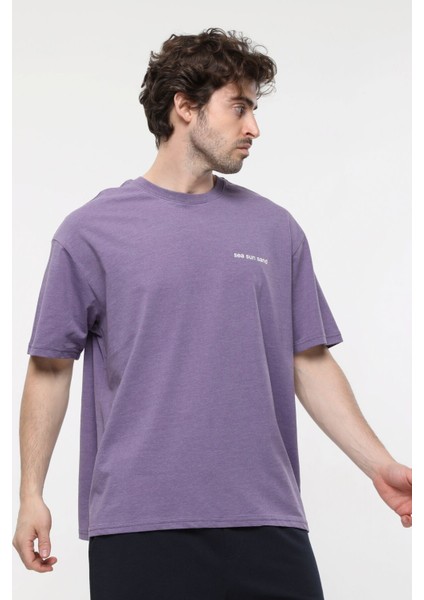 Erkek Kısa Kollu Baskılı Oversıze Kalıp Bisiklet Yaka Tişört Mor fırsatları
