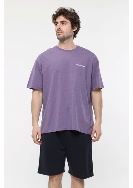 Erkek Kısa Kollu Baskılı Oversıze Kalıp Bisiklet Yaka Tişört Mor indirimleri