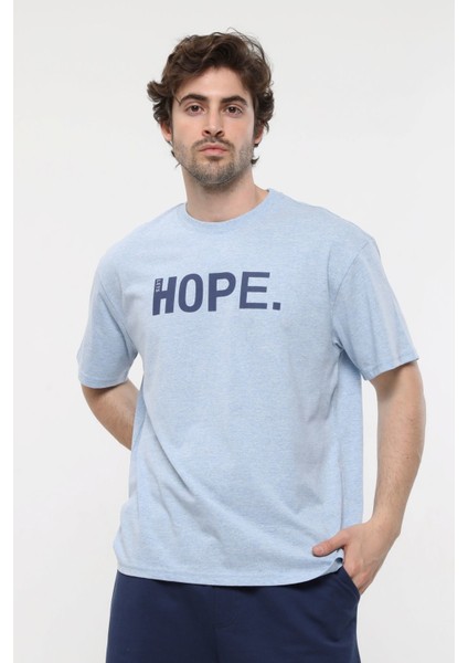 Erkek Kısa Kollu Baskılı Oversıze Kalıp Bisiklet Yaka Tişört Mavi Melanj