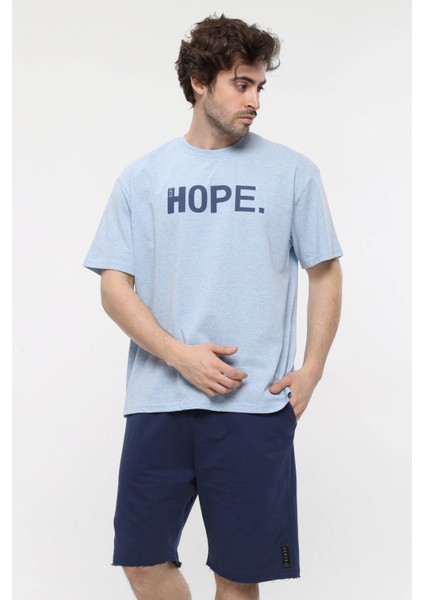 Erkek Kısa Kollu Baskılı Oversıze Kalıp Bisiklet Yaka Tişört Mavi Melanj fiyatları