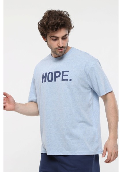 Erkek Kısa Kollu Baskılı Oversıze Kalıp Bisiklet Yaka Tişört Mavi Melanj modelleri