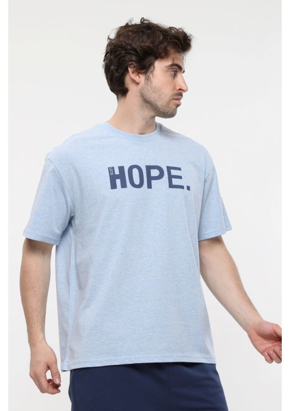 Erkek Kısa Kollu Baskılı Oversıze Kalıp Bisiklet Yaka Tişört Mavi Melanj indirimleri