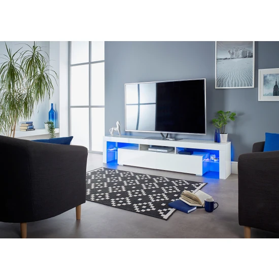 Ecm Tv Ünitesi LED Aydınlatmalı Tv Sehpası Lüks Modern Şık Sehpa Cam Raflı 2 Kapaklı Geniş Ünite Raf