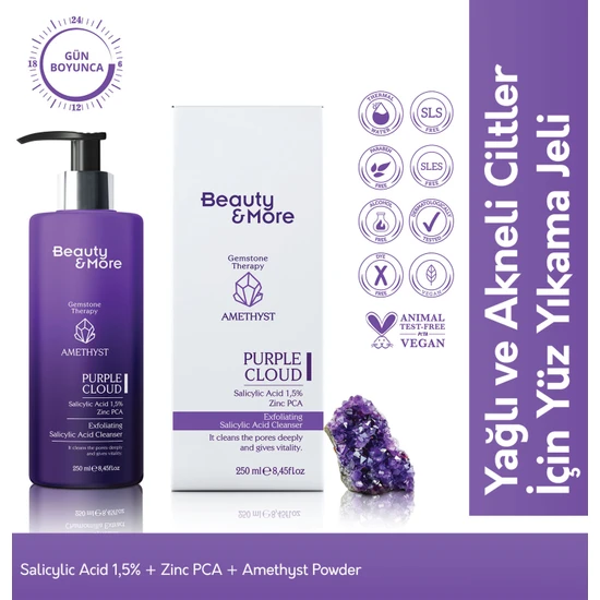 Beauty&More Ametist  Purple Cloud Yağlı ve Akneli Ciltler Için Yüz Yıkama Jeli 250 ml  
Salicylic Acid 1,5% + Zinc PCA+ Ametist  Powder