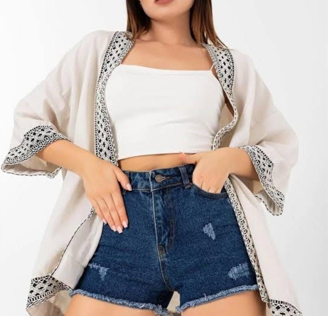 Escbutik Kadın Nakışlı Şerit Desenli Keten Kimono görsel 7