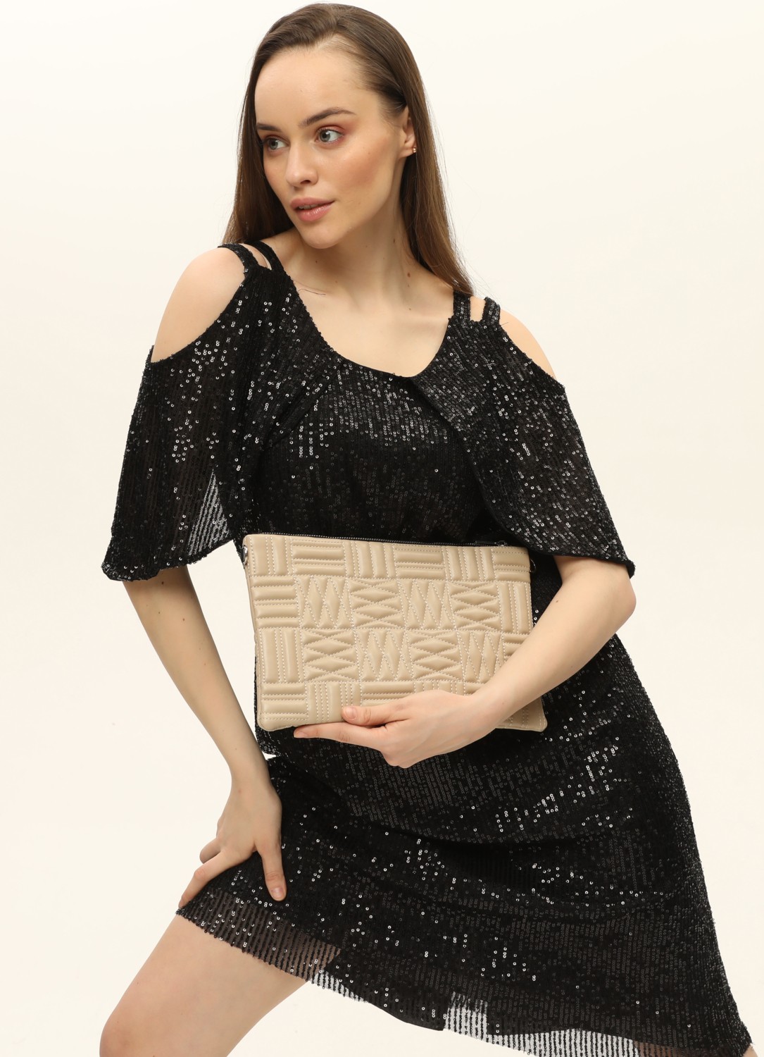 Morpelikan Bej Zikzak Clutch Kadın Portföy Çanta görsel 3