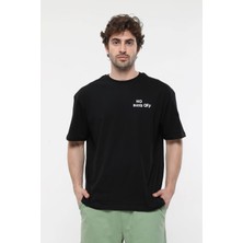 Defy's Erkek Kısa Kollu Baskılı Oversıze Kalıp Bisiklet Yaka Tişört Siyah