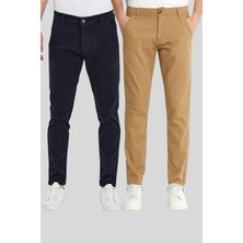 Damga  2 Li Standart Kalıp Chino Pantolon Lacivert ve Camel Renkleri Çok Renkli