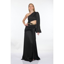 ALFABETA Dekolte Tek Omuz Siyah Kadın Abiye 2215897