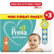 Prima Bebek Bezi Aktif Bebek 3 Beden 34 Adet x 3