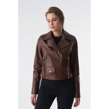 Furniq UK Kadın Kahverengi Klasik Biker Ceket