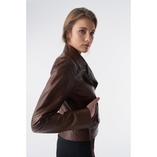 Furniq UK Kadın Kahverengi Klasik Biker Ceket
