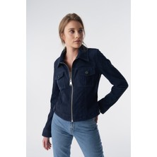 Furniq UK Kadın Lacivert Denim Süet Ceket