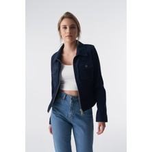 Furniq UK Kadın Lacivert Denim Süet Ceket