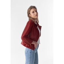 Furniq UK Kadın Bordo Kısa Kollu Biker Ceket