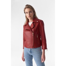 Furniq UK Kadın Bordo Kısa Kollu Biker Ceket