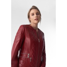 Furniq UK Kadın Bordo Biker Ceket