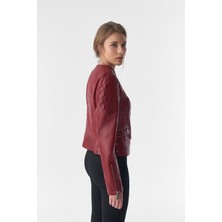 Furniq UK Kadın Bordo Biker Ceket