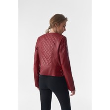 Furniq UK Kadın Bordo Biker Ceket
