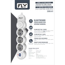 FLY FLY-3393-01 Termal Akım Korumalı 3'lü Priz 2 USB 2m 2.1A Uzatma Kablosu