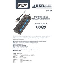 FLY-3407 Anti Statik Güç Soketi, 4 Port USB 2.0 Çoklayıcı Hub Anahtarlı Işıklı (On/off)