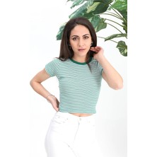 Vapur Tekstil Bluz Bisiklet Yaka Çizgili Kaşkorse - Yeşil
