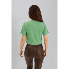 Vapur Tekstil Tshirt Crop Bisiklet Yaka Off Yazılı - Yeşil