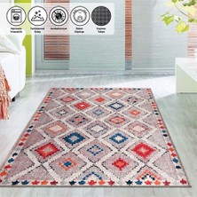 Carpettex El Dokuma Yün Kilim Görünümlü Bej Krem Halı Kaymaz Yıkanabilir