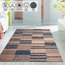 Carpettex Çizgi Tarama Modern Desenli Bej Mavi Halı Kaymaz Yıkanabilir