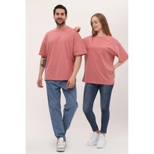 Giyadda Kadın Erkek Gül Kurusu Pembe Oversize Bol Kalıp Basic T-Shirt