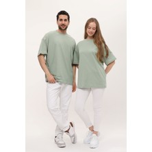 Giyadda Kadın Erkek Çağla Yeşili Oversize Bol Kalıp Basic T-Shirt