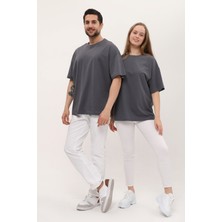 Giyadda Kadın Erkek Antrasit Koyu Gri Oversize Bol Kalıp Basic T-Shirt